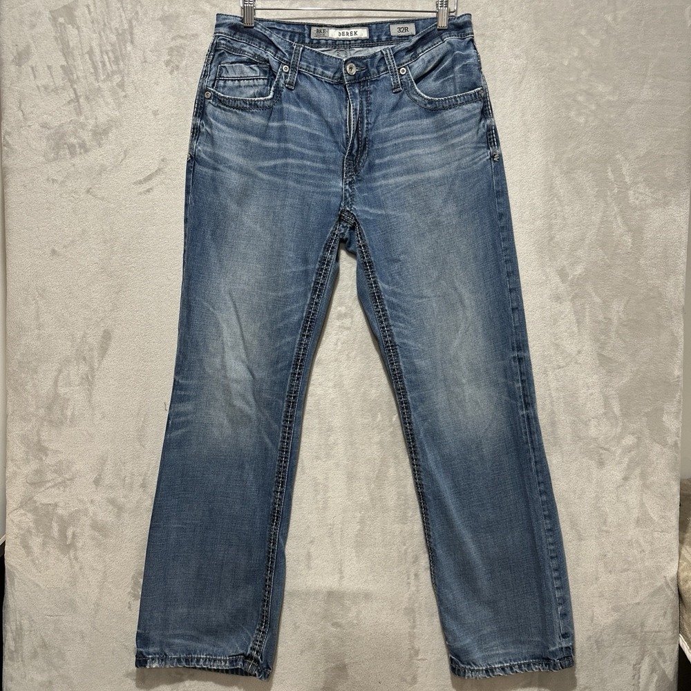 Buckle Derek Denim Jeans Men's Size 32 Blue Faded Whiskering Bootleg Western